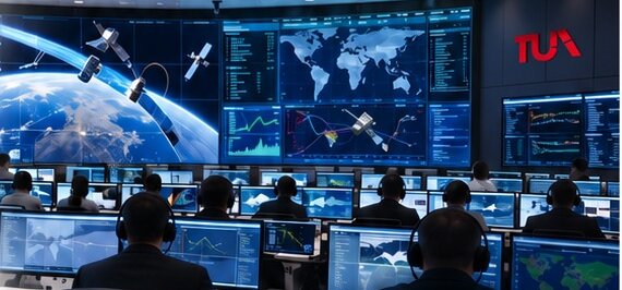 Operators at their consoles in a mission control room with large wall displays